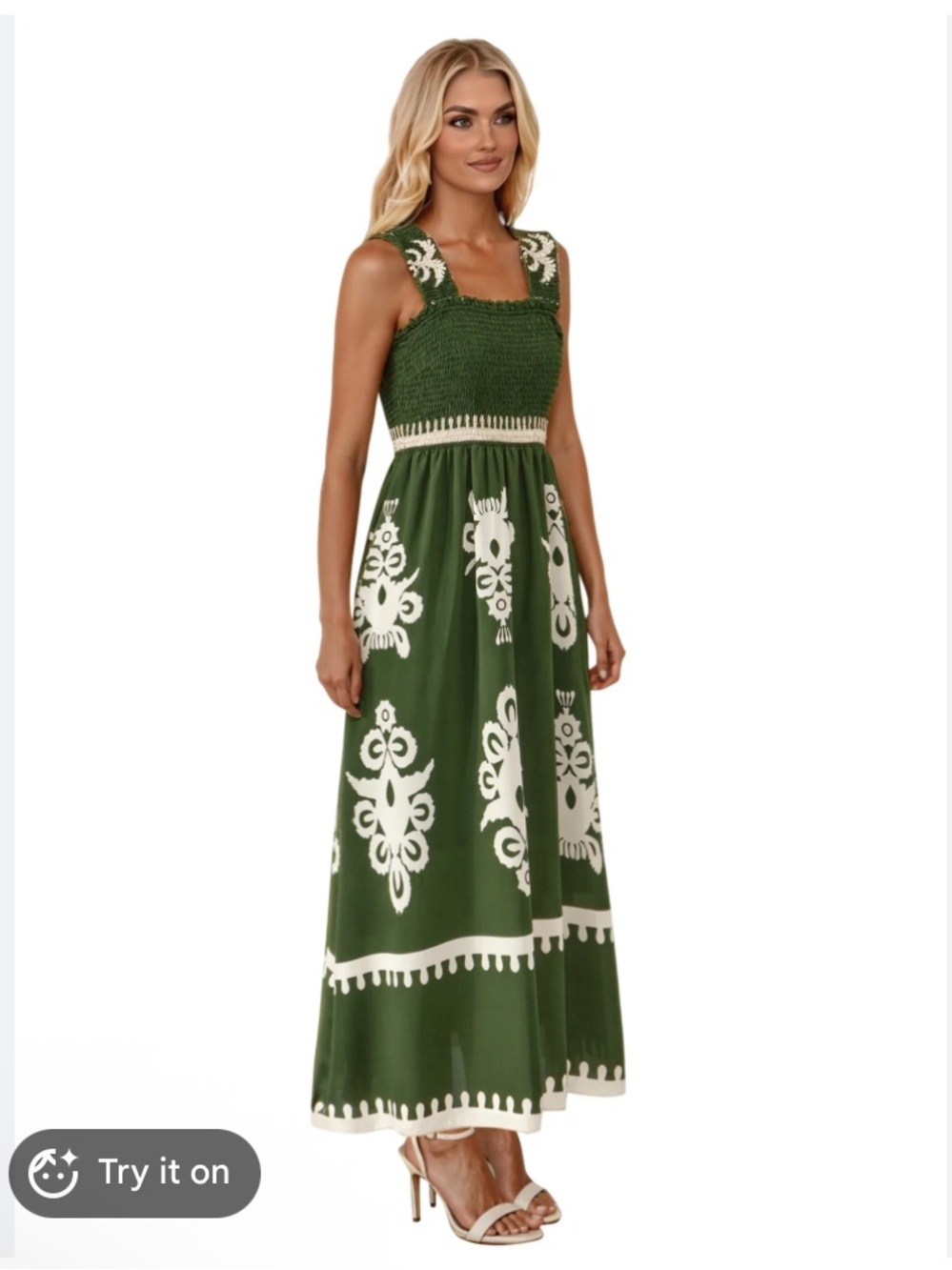 Smocked Square-Neck Maxi Dress in Olive with Ivory Print